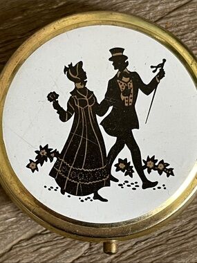 Vintage Gold Tone Round Trinket Pill Box with Silhouette Couple